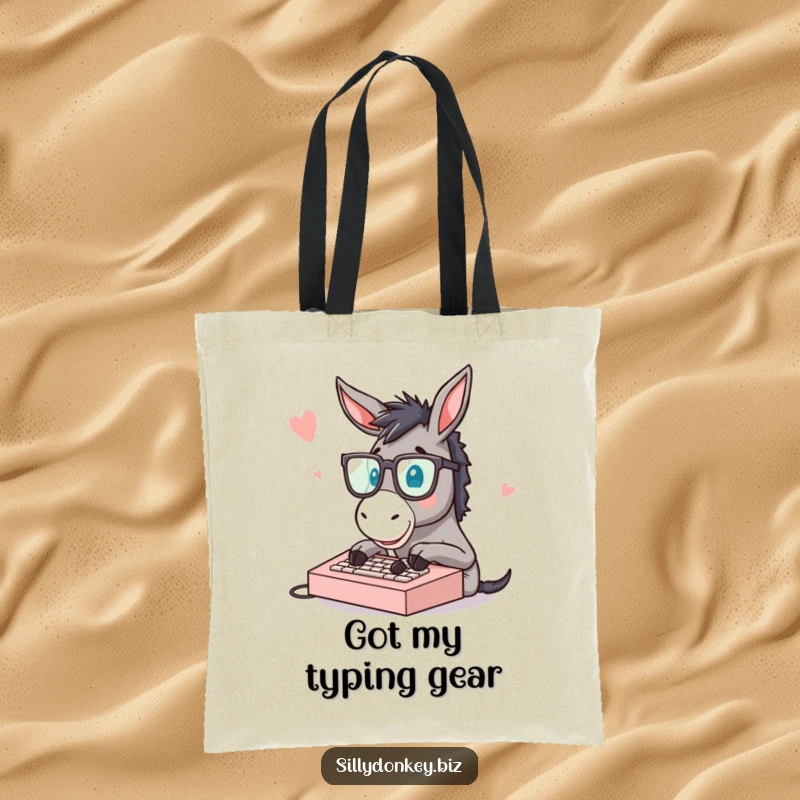 Funny tote bag showing a donkey with glasses typing quickly on a tiny keyboard, great for students or office workers.