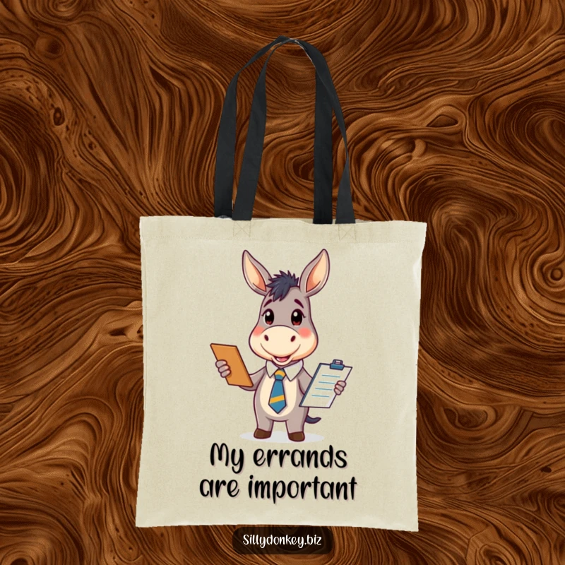 Funny tote bag showcasing a kawaii donkey in an office tie, enthusiastically holding a clipboard, perfect for a cute and funny everyday bag.
